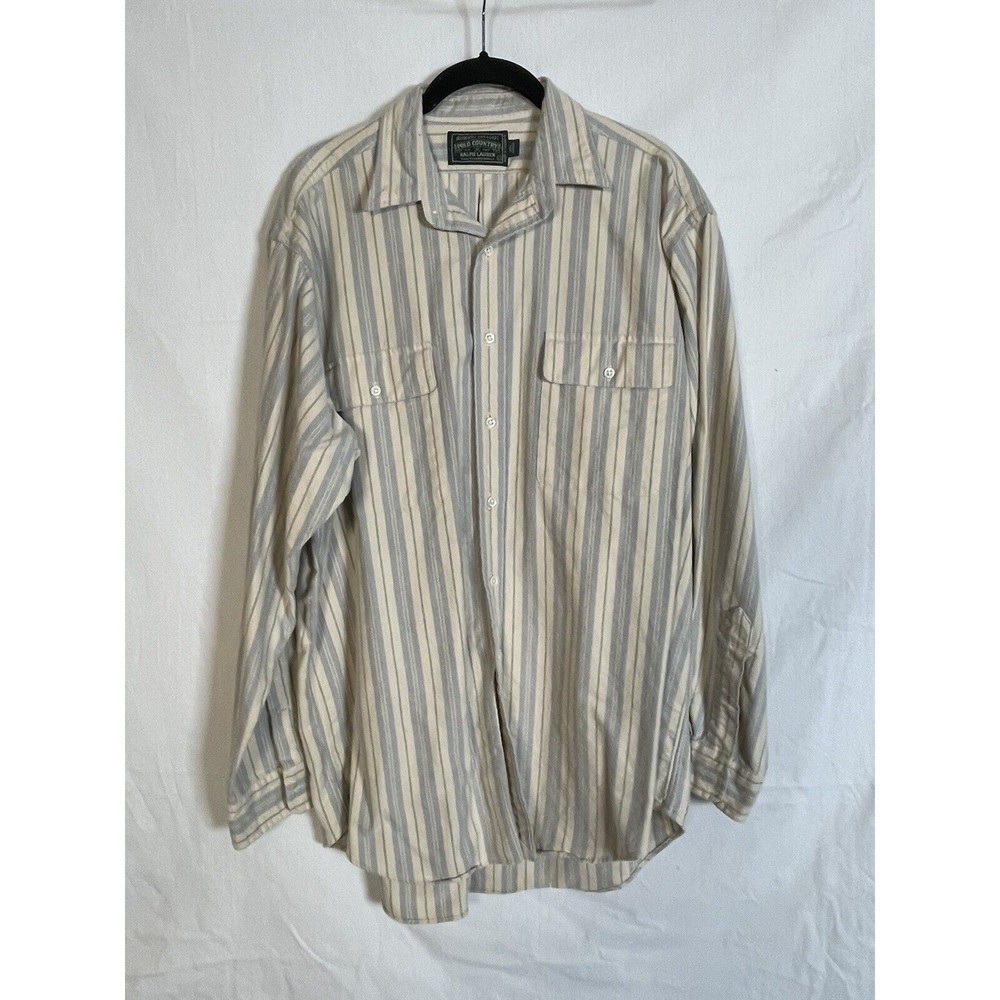 Polo Ralph Lauren Vintage Button Down 2 pocket Shirt Blue & Ivory Stripe Large